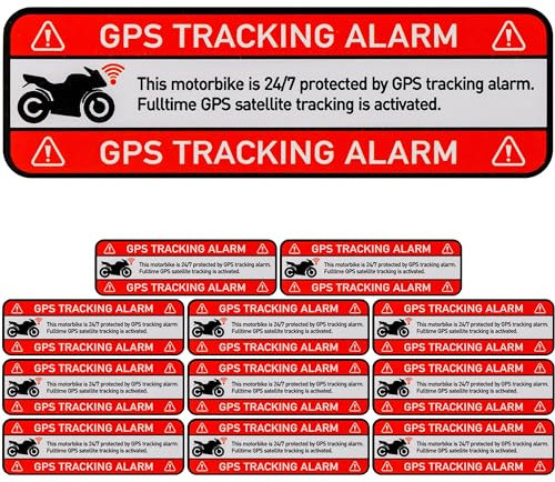 Aufkleber Set MOTORBIKE GPS TRACKING ALARM!, 12 Stück, 67 x 21 mm, selbstklebende Folie, außenklebend, Motorrad Warnhinweis Sticker Außenbereich, Diebstahlschutz Mopped, Klebesticker alarmgesichert