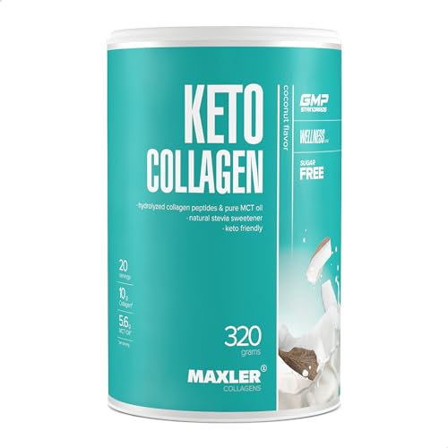 Maxler Keto Collagen Pulver - Kokosnuss - 320g - Rinderkollagen (Solugel TM) - Kollagen pulver mit Kokosöl - 10g Reine Kollagenpeptide pro Portion - 5,6g MCT Öl - 20 Collagen MCT Powder Portionen