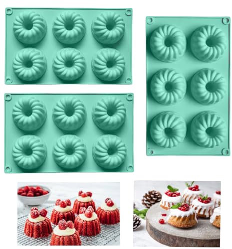 Firavggu 3 Pièce Mini Moule à Kougelhopf Silicone Moule Gâteau Gugelhupf 6 Capacité Antiadhésive Kouglof Moule Moule à Gâteau en Silicone pour Muffins Jello Gélatine Gâteau(Vert/3pcs)