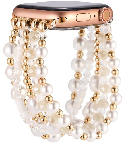 Greaciary Pearl Bracelet Compatible with 40mm Apple Watch band 38mm Series 6 5 Women,Fashion Handmade Elastic Stretch Cute Beaded Strap Replacement (Pearl Gold, 38mm/40mm Medium)