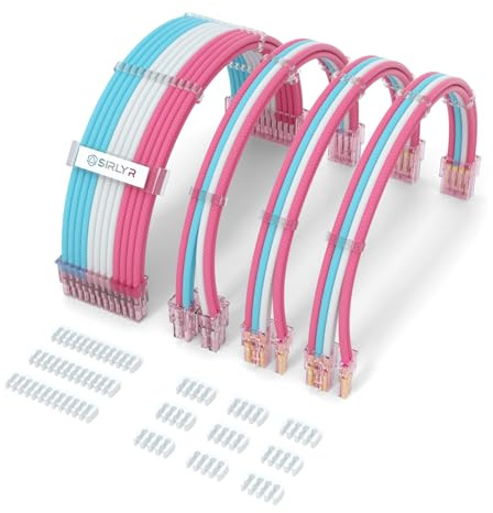 Sirlyr PSU Cable Extension - Custom 24 Pin ATX & 8 Pin EPS Longer PCIe Gold-Plated Male to Female Power Supply Cables, Nylon Sleeved Pink Blue White, 4 Kits
