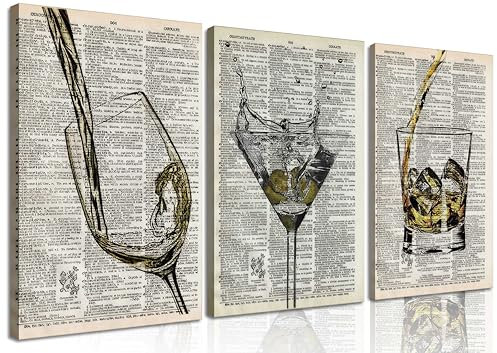 3Pcs Framed Bar Cart Canvas Wall Art Vintage Funky Champagne Glasses Posters Pictures Black And White Cocktail Glasses Paintings Bar Dictionary Prints for Bar Party Dining Man Cave Wall Decor