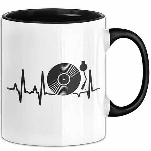 Vinyl Herzschlag Tasse Geschenk Platten-Spieler Liebhaber Vintage Retro Musik DJ Geschenk (Schwarz)