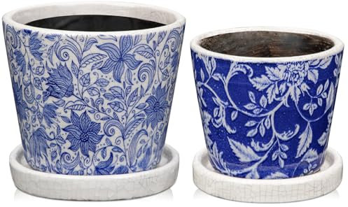 Oairse Set of 2 Blue and White Ceramic Planter 12CM 10CM Ceramic Plant Pots Indoor with Drainage Holes and Saucers Tray Decorative Flower Pots for Succulent Cactus House Plants