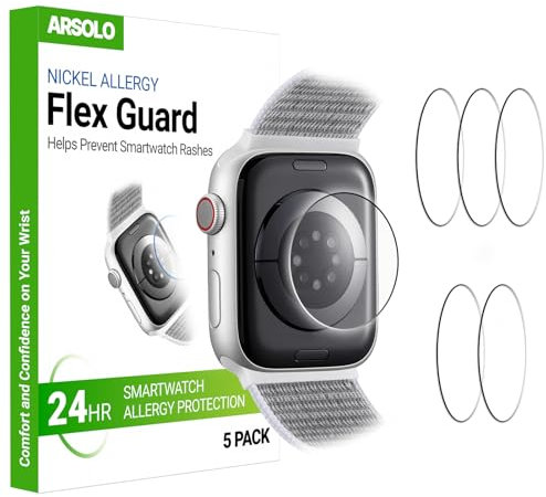 Arsolo Flex Guard Nickel-Metall-Allergie-Rückenschutz für Apple Watch [44/45 mm], verhindert Hautausschlag, Kontaktdermatitis, weiche Folie, Sensorschutz, Rückabdeckung für iWatch 44 mm/45 mm, 5 Stück