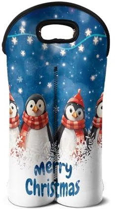 doginthehole Merry Christmas Wine Carrier Tote Bag for 2 Bottles Cute Penguin Neoprene Wine Bottle Holder with Carry Handle, Wine Protective Bag Beer Cans Water Bottle Holder for Travel Picnic