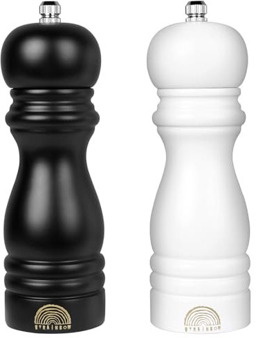 MYRAINBOW Salt and Pepper Grinder Set - Adjustable Wooden Grinders, Black & White Salt and Pepper Mills, Refillable Salt and Pepper Shakers with Adjustable Coarseness, 7 Inch for Kitchen (Set of 2)