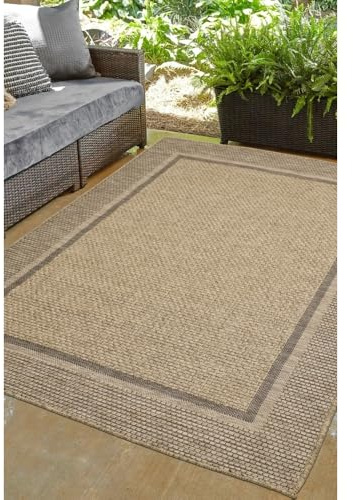 Modern Style Rugs Summer Border Design Very Hardwearing Weather Resistant Latte Area Rug. Available for both Indoor Outdoor Usage, Patio, Garden, Living Room, Dining Room Runner - 200x290cm