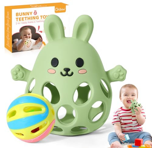 Orzbow Teething Toys for Baby, Multi-Purpose Teething Mitten with A Rattle, Silicone Bunny Baby Teether for Sucking Needs, Lightweight Baby Sensory Toys, Easy to Grip & Clean, Olive Green