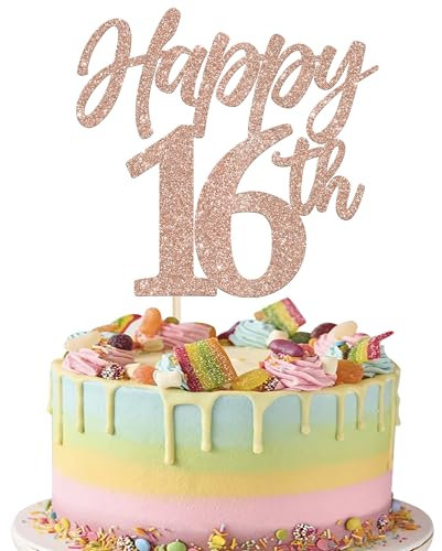 Xsstarmi 1 Pack Happy 16th Birthday Cake Topper Glitter Rose Gold Sweet 16 Fabulous Birthday Cake Pick Decoration for Cheers to 16 Happy 16th Birthday Anniversary Party Cake Decorations