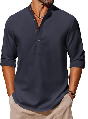 COOFANDY Herren Freizeithemd Sommer Langarm Henley Shirt Einfarbig Strandhemd Urlaubshemd Casual Hemd Beach Hemd Stehkragen Fischerhemd Marineblau M