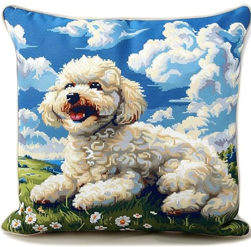 WallustrioaW cane animale Ricamo per Cuscino a Punto Croce prestampato,barboncino,Punto Croce Kit Ricamo A Punto Croce Kit Cuscino Per Arredamento Casa 45x45cm