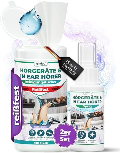 Hörgeräte Reinigung Set Qindoo 1x Reinigungsspray und 100x feuchte reißfeste weiche Reinigungstücher (Set 2)