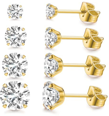 4 Paires 316L Acier inoxydable CZ Lot Boucles D'oreilles Femme Homme Cartilage Helix Boucles D'oreilles Piercing Ronde Cubique Zircone Boucle D'oreille à Vis à Billes Dos Plat Barbell, or, 3-6mm