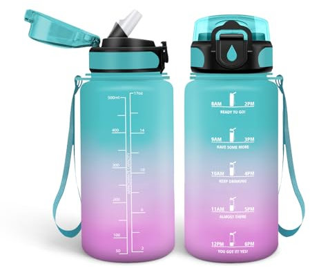 HoneyHolly Borraccia 500Ml, Senza BPA & A Prova di Perdita, Borraccia con Cannuccia, Reutilizables, Scuola Elementare, Cantimplora Motivazionale per Scuola, Palestra, Ufficio, Running