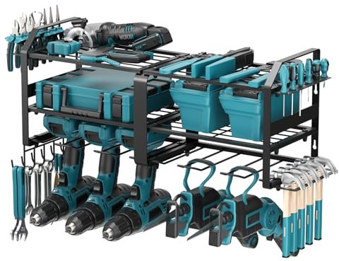 Ovshnrr Soporte de pared para herramientas de 3 niveles con soporte lateral soporte para herramientas de taladro eléctrico para destornilladores laterales para garaje, taller