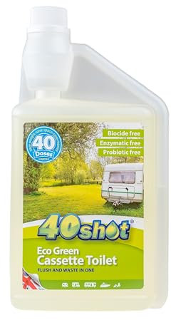 40Shot 2-in-1 Eco Green Organic Caravan Toilet Fluid – 1L Concentrated Cassette Toilet Cleaner & Rinse – 40 Doses Per Bottle – Biocide-Free & Septic Tank Safe – Eliminates Odours - Lasting Fragrance