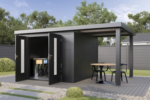 Finnhaus Wolff Metall-Gerätehaus Elvar 5424 Anthrazit Gerätehaus aus Metall in Anthrazitgrau, Geräteschrank inklusive Terrasse inklusive Schleppdach Gartenhaus