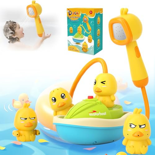 Giocattoli per Bagnetto, Doccetta Staccabile Anatra per Neonati +Pompa Elettrica a Forma di Motoscafo + 3 Anatra Giocattoli da Bagno,Anatra Giocattoli da Bagno per Bambini