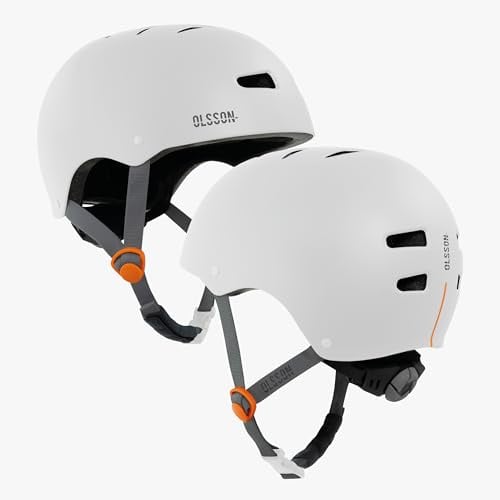 OLSSON Urban Rider Helm, Größen S bis L (54-58 cm), verstellbar, 360°-stoßfest, abnehmbares Futter, Belüftung, geeignet für Roller, Fahrrad und Skate (weiß, mittel)