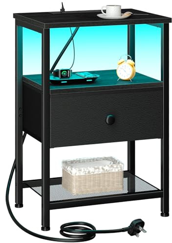 LOAKEKEL Bedside Table, Side Table with Charging Station, Bed Side Table | Night Stand with LED Light and Fabric Drawer, Bedside Cabinet with Open Storage Shelf for Living Room, Bedroom, Black