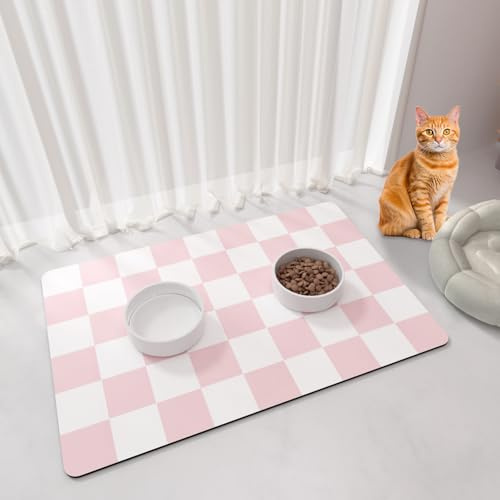 BLESWIN Tapis Gamelle Chien, 61 x 40,5 cm Tapis Absorbant Antidérapant pour Les Chiens Qui Boivent de Manière Désordonnée, Séchage Rapide, Facile à Nettoyer, Rose et Blanc