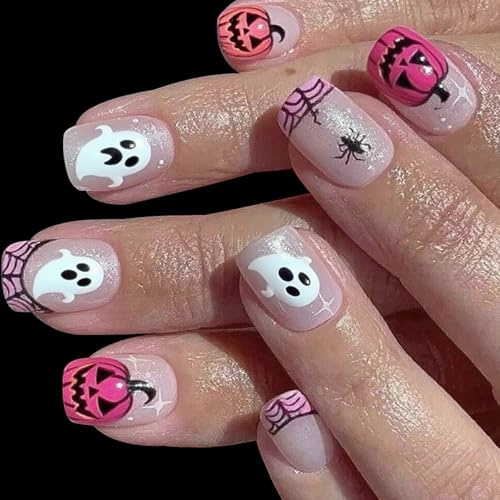 Halloween Unghie finte corte quadrate ragni web zucca arte durata unghie artificiali per feste in costume nero bianco Halloween chiodo