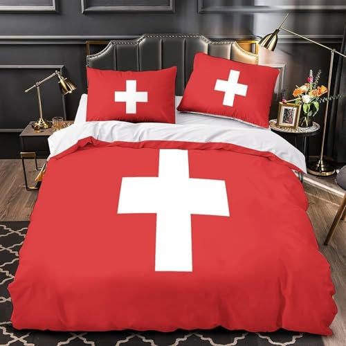 Schweizer Flagge Bettwäsche 135x200 3D Bettwäsche-Sets Nationalflaggenmuster Bettbezüge Weiche Kuschelig Mikrofaser 3 Teilig Bettbezug mit Reißverschluss und 2 Kissenbezüge 80x80 cm C-2966