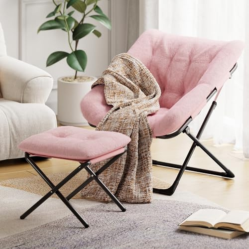 RBFGYIOP Klappsessel Mit Hocker, Klappbarer Sessel Mit Kuscheligem Kunsthasenfell, Großzügige Lounge-Sitzschale Für Jugendliche & Erwachsene, Lesesessel Für Wohnzimmer Schlafzimmer Dorm, Rosa