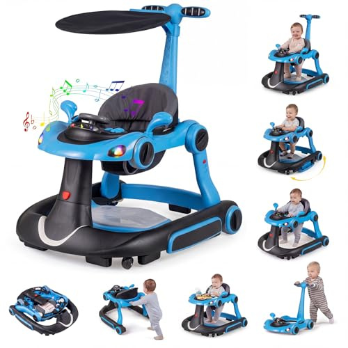 COSTWAY 7 in 1 Lauflernhilfe mit Verdeck, Baby Walker ab 6 Monate (Blau) | Lauflerwagen klappbar mit einstellbarer Höhe & Geschwindigkeit, Gehfrei Baby mit Spielboard, Musik, Licht & Rädern