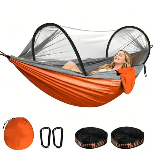 Premium Hängematte mit Moskitonetz für Camping & Outdoor | 300kg Tragkraft | Atmungsaktive, Schnelltrocknende Fallschirm-Nylon Hängematte | Inkl. 2 Karabiner + 2 Schlingen