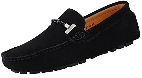 Jamron Mens Elegant Buckle Loafers Comfort Suede Driving Shoes Stylish Moccasin Slippers Black SN19020 UK9.5