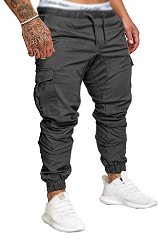 SOMTHRON Herren Elastische Taille Gürtel Baumwolle Jogging Sweat Hosen Plus Size Mode Lange Sports Cargo Hosen Shorts mit Taschen Joggers Activewear Hosen, Dark Grey, XL