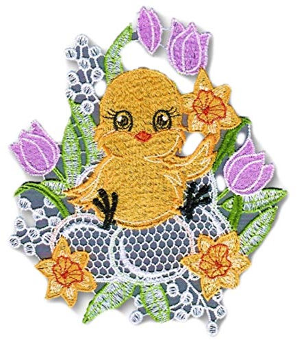 Plauener Spitze Fensterbild Ostern Küken Tulpen Bunt Spitzenbild 15x20 cm + Saugnapf
