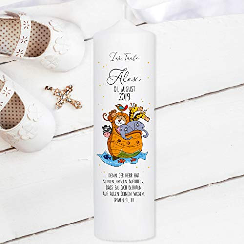 Wandtattoo Loft personalisierte Taufkerze Motiv Boot Arche Noah Tiere- Kerze zur Taufe, Geburt oder Kommunion – weiß 25 x 8 cm mit Name, Datum