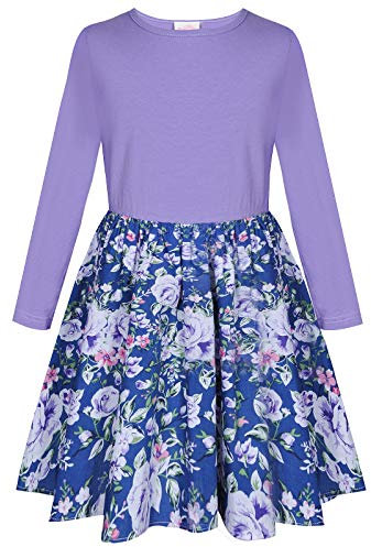 BONNY BILLY Vestito Bambina Casual Cotone Jersey Floreale Corto Invernale Manica Lunga 5-6 Anni Viola