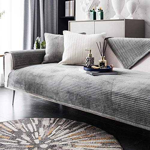 Suuki Schonbezüge Möbelschutzfolie,Sofa Cover,Superweiche Samt-Sofabezug,gestreifte Plüsch-Sofabezug,Moderne Sofa-Schutzhülle für Ledercouch,Eck-Sofabezüge-grau_90 * 210 cm