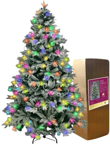 SHATCHI Pre-Lit Artificial Christmas Tree Lapland Fir-LED Lights, Snow Flocked PE/PVC Tips, Snowy Bushy Hinged Branches, Metal Stand for Xmas Home Decorations, Multicolour, 120cm