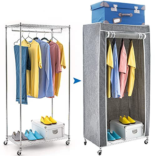art moon Buffalo – Schwerlast Faltschrank mit Rollen, bis 70 kg, Kleiderständer mit Hülle, Stoffschrank mit 2 Ablagen und Kleiderstange, Stahl, Grau