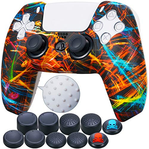 9CDeer 1 x Stück Schutzfolie Transferdruck Silikon Dick Hülle + 10 Thumb Grips für Playstation 5 / PS5 Controller Schwarzer Strom