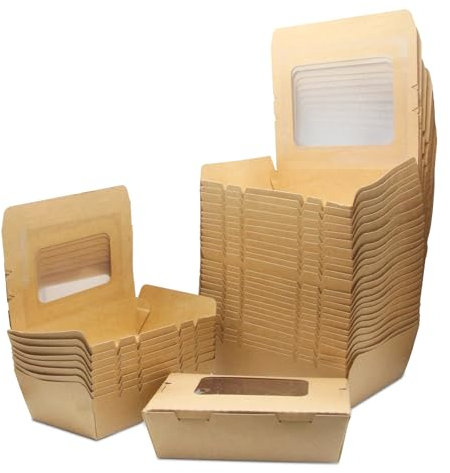 Contenitore per Alimenti da Asporto, 50 Pezzi Scatola di Carta Kraft per Alimenti, Cartone per Insalata, con Finestra, a Prova di Olio e Acqua, per Sandwich, Cheesecake, Hamburger (700ml/24oz)