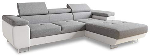 Ecksofa Divo mit Schlaffunktion, Bettkasten und Kopfteilverstellung, Polsterecke, Wohnlandschaft, Sofagarnitur, Couch, Sofa, Federkern (Weiß + Grau (Soft 017 + Sawana 21), Ecksofa Rechts)