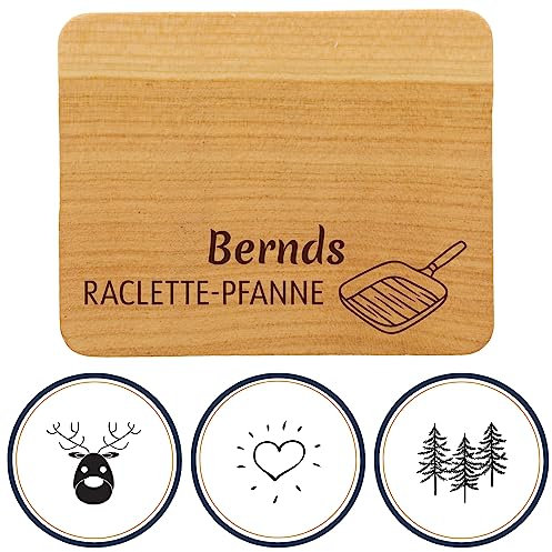 HOFMEISTER® Raclette Untersetzer aus Kirschholz mit Gravur des Namens und Wunschmotivs, Geschenk oder Mitbrinsel für Silvester und Weihnachten, 10 cm, rechteckig, geölt, aus Holz