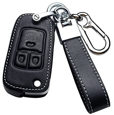 HIBEYO Autoschlüssel Hülle passt für Opel Schutzhülle Schlüsselhülle Rindsleder Cover für Opel Vauxhall Astra Insignia Vectra Corsa Zafira Key Fob Fall Schlüsselbox Klappschlüssel-3tasten Schwarz