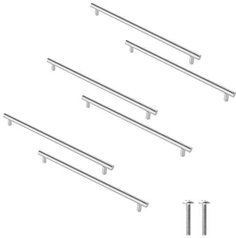 Cjueiom 6 Pack Nickel Handles - 192mm Cupboard and Wardrobe Pulls, 300mm Length Stainless Steel Drawer Handles for Bedroom and Kitchen Cabinets