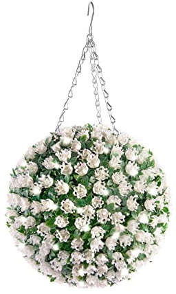 Best Artificial 28cm Pre Lit Rose Flower Ball with 30 Bright White LED Waterproof Battery Lights (White)