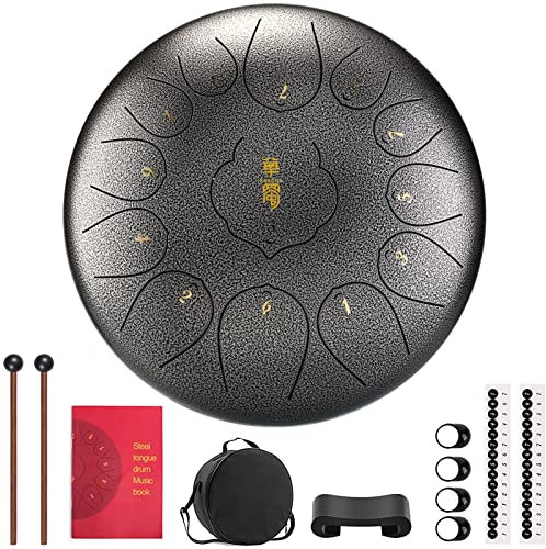 Zungentrommel 12 Zoll 13 Töne C-Dur Tongue Drum Anfänger Hand Pan Drum Schlaginstrument Stahl Zunge Trommel Mit Tasche Fingerpick Musikbuch Und Schlägel Für Meditation Yoga Klangheilung,Silber