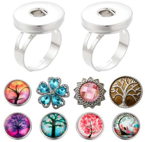 SUNNYCLUE 1 Schachtel Fingerring Herstellungszubehör Ringe Blanko Verstellbare Fingerring Rohlinge Strass Druckknopf Austauschbar Eule Baum Des Lebens Glas Cabochons Für Schmuckherstellung Kit Erwachs