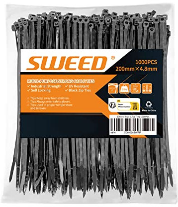 SWEED 1000 fascette nere resistenti ai raggi UV con 200 mm, fascette autobloccanti di alta qualità, resistenza alla trazione 22 kg, fascette metalliche nere larghe 4,8 mm per uso domestico