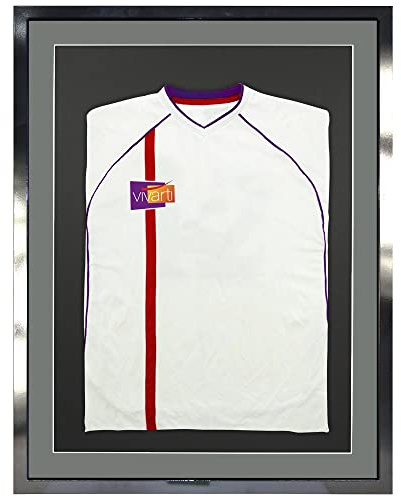 Vivarti DIY Adult 3D Mounted Sports Shirt Display Frame for Football Shirt, Rugby Shirt, Band T-Shirt Shadow Box - 60 x 80cm - Gloss Black Frame, Silver Mount, Black Backing Card